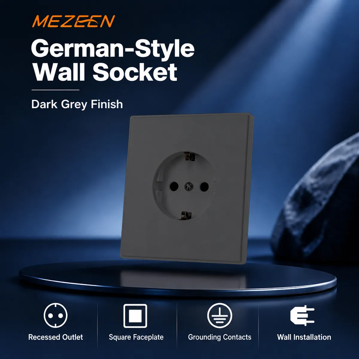 Dark Grey German-Style Recessed Wall Socket - Simple Square Profile