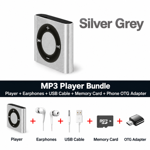 Silver Grey MP3 Player Bundle with Earphones and Memory Card