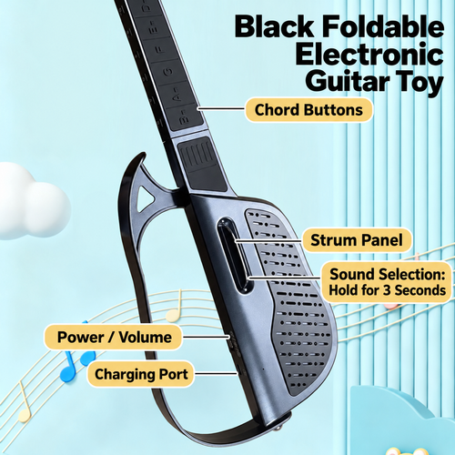Black Foldable Electronic Guitar Toy with Chord Buttons