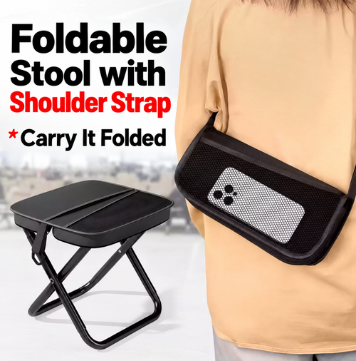 Black Folding Stool with Shoulder Strap and Storage Pockets