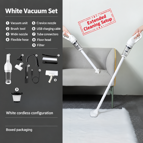 White Cordless Vacuum Set with Floor Head and Cleaning Tools