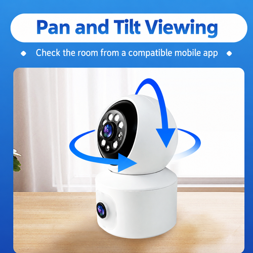 White Dual-Lens Wi-Fi Indoor Camera with Pan and Tilt