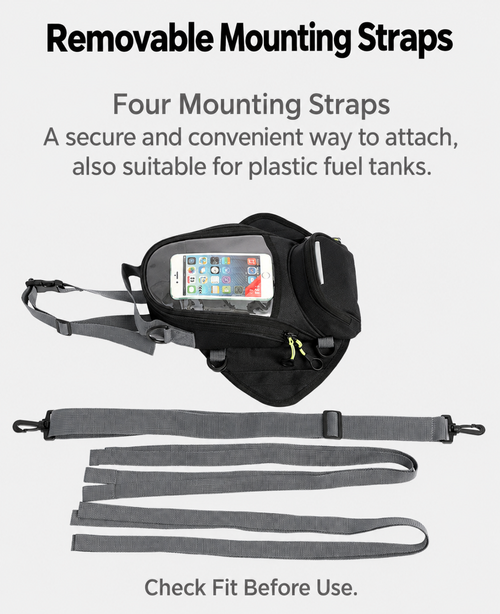 Black Magnetic Motorcycle Tank Bag with Phone Window - Approx. 5L