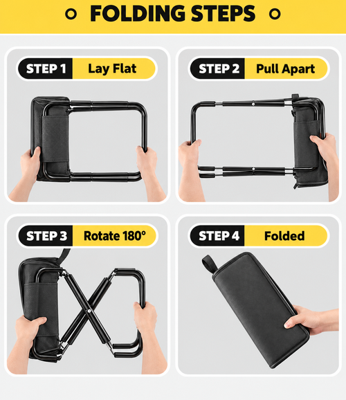 Black Folding Stool with Shoulder Strap and Storage Pockets