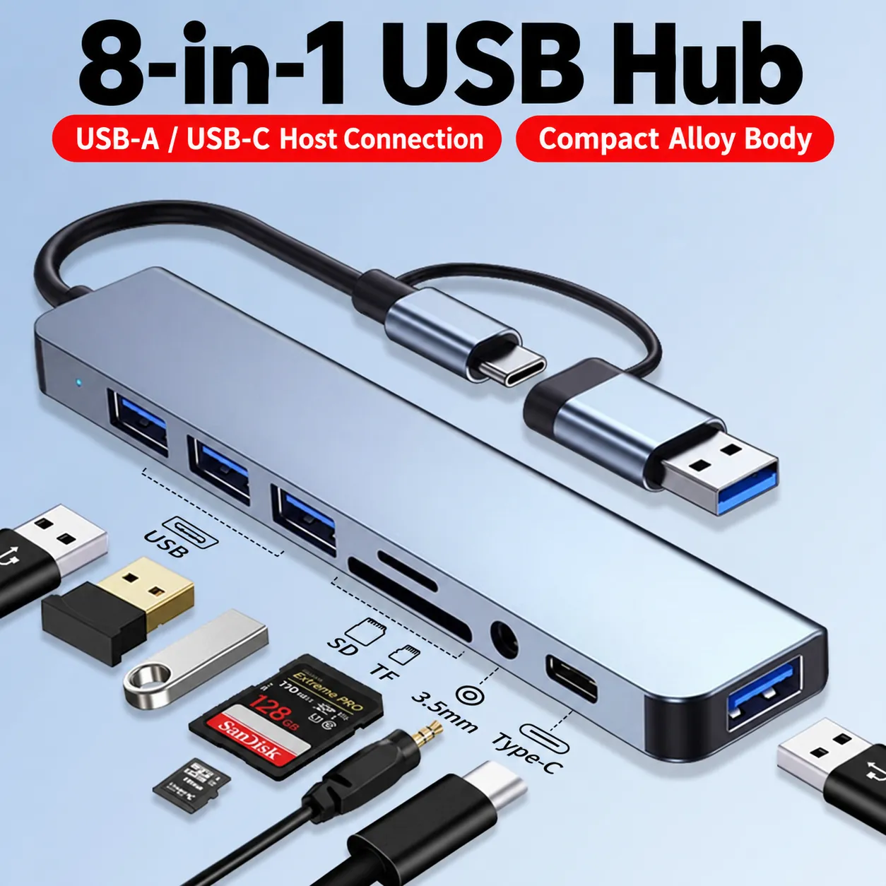 Silver 8-in-1 USB Hub with USB-A and USB-C Host Connectors - Connections in One Hub