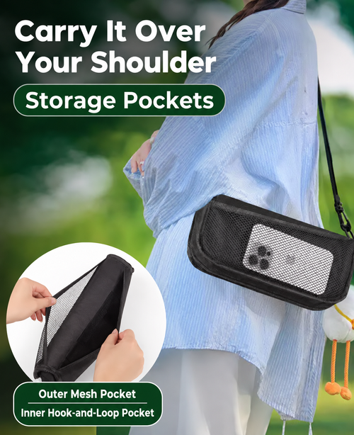 Black Folding Stool with Shoulder Strap and Storage Pockets