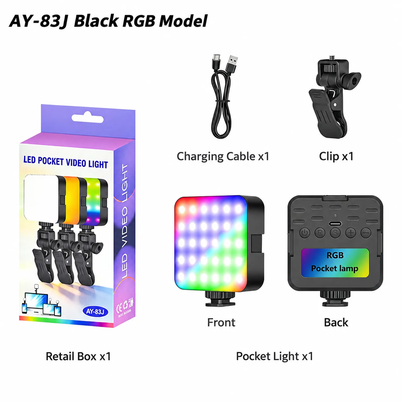 Black AY-83J RGB Pocket LED Video Light with Clip - What Is Included
