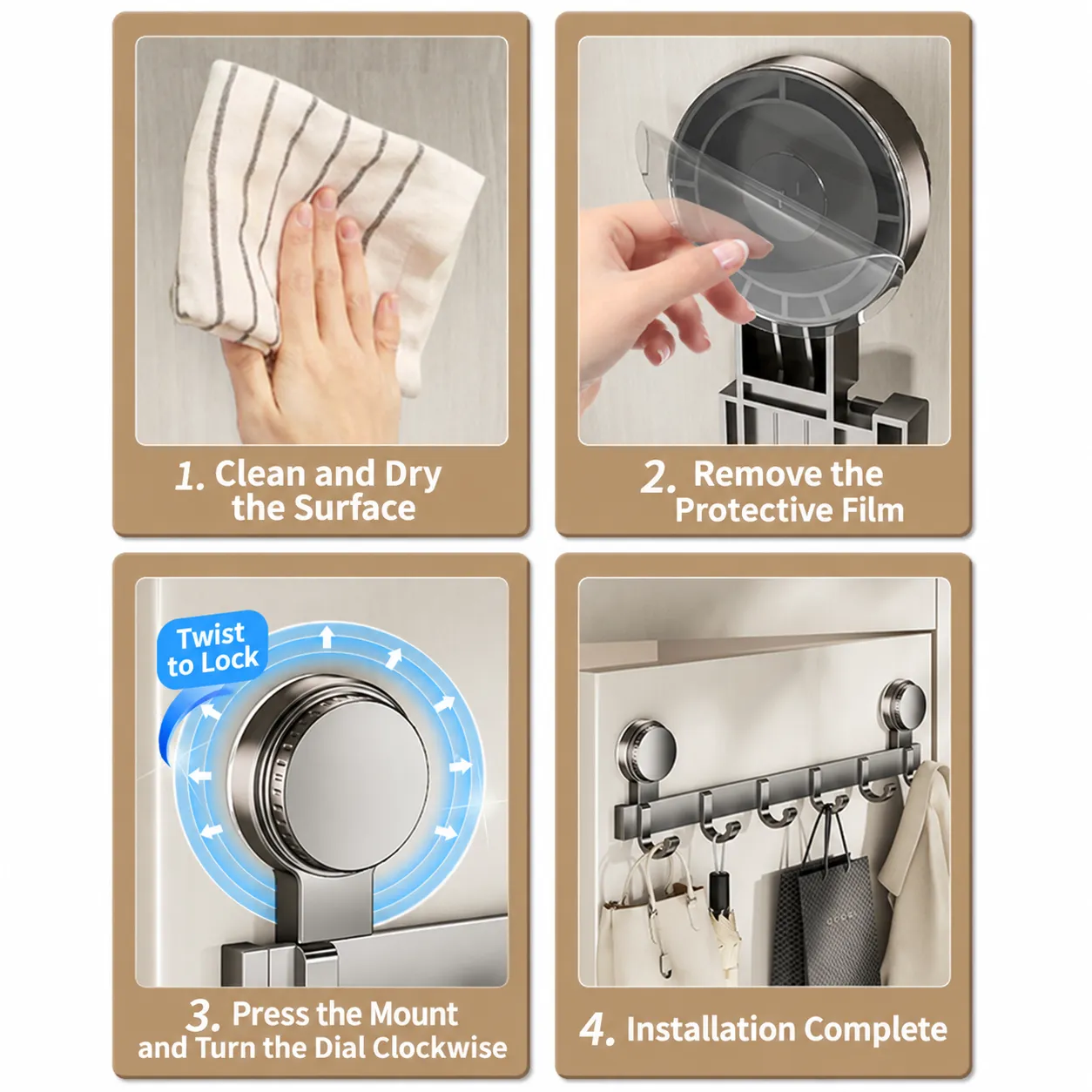 Grey 8-Hook Rail with Twist-Lock Suction Mounts - Install on a suitable surface
