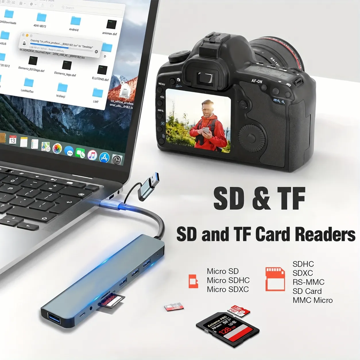 Silver 8-in-1 USB Hub with USB-A and USB-C Host Connectors - SD and TF Card Readers