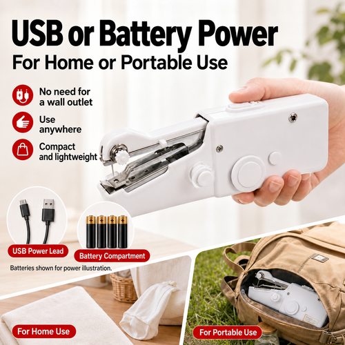 White Handheld Sewing Machine Set with USB Power Lead