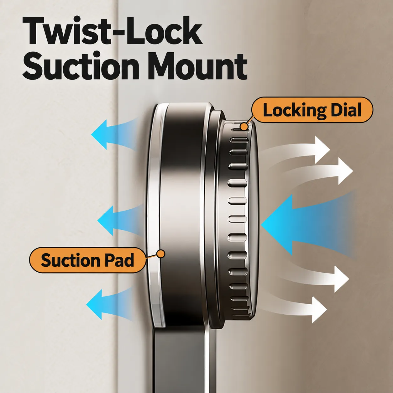 Grey 8-Hook Rail with Twist-Lock Suction Mounts - Twist-lock mounting