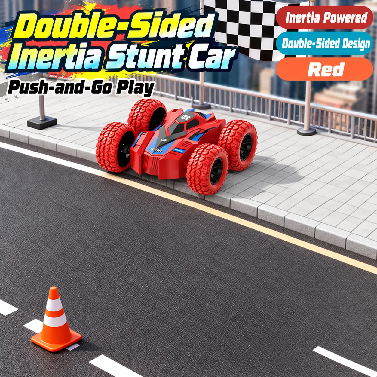 Red Double-Sided Push-and-Go Stunt Toy Car - Double-Sided Design