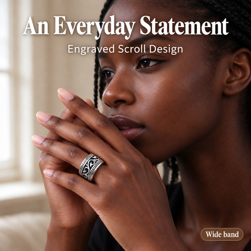 Silver-Tone Wide Ring with Engraved Scroll Design