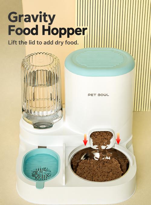 Blue and White Gravity Pet Feeder and Waterer