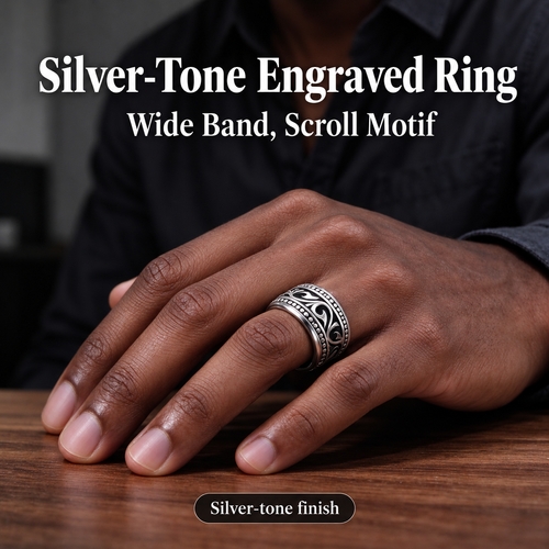 Silver-Tone Wide Ring with Engraved Scroll Design