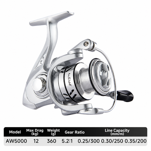 Silver AW5000 Spinning Fishing Reel with Metal Spool