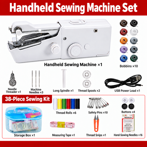 White Handheld Sewing Machine Set with USB Power Lead
