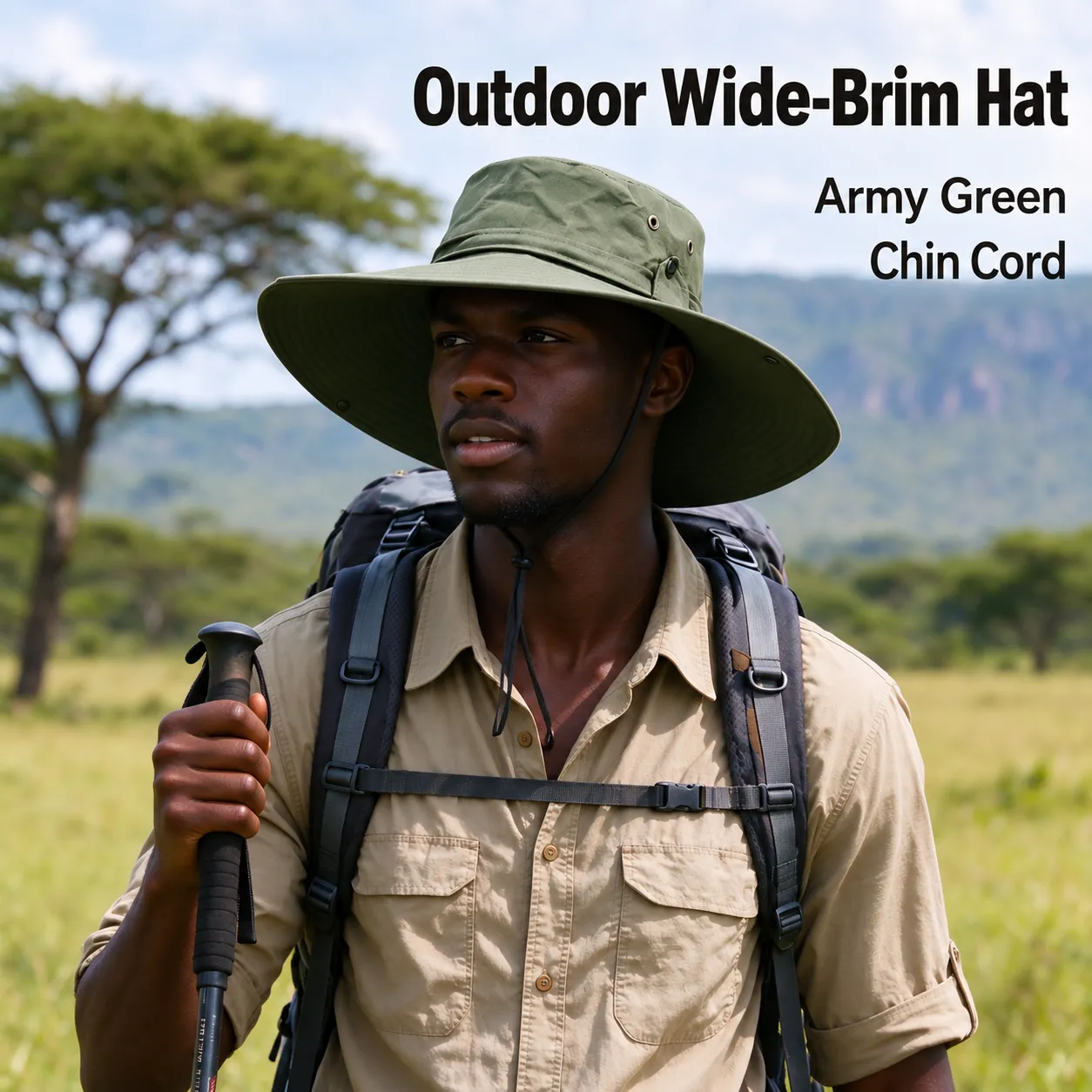 Army Green Wide-Brim Outdoor Hat with Chin Cord - Outdoor styling