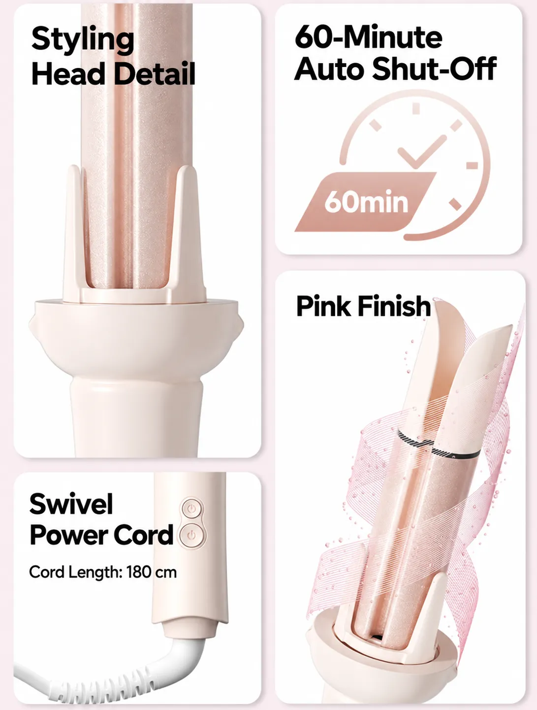 Pink 2-in-1 Hair Styler with 32mm Barrel and Brush Head - Controls and cord