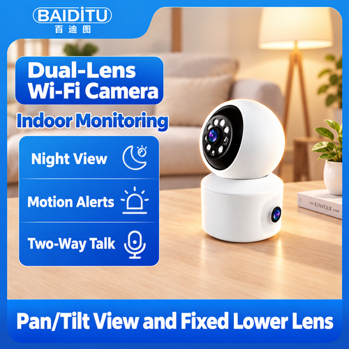 White Dual-Lens Wi-Fi Indoor Camera with Pan and Tilt