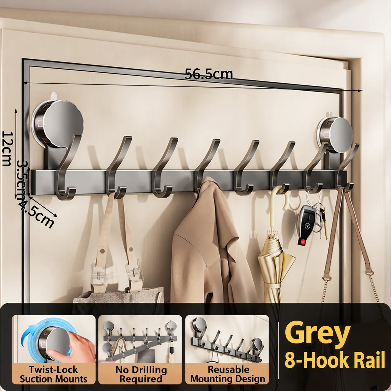 Grey 8-Hook Rail with Twist-Lock Suction Mounts - Size and layout