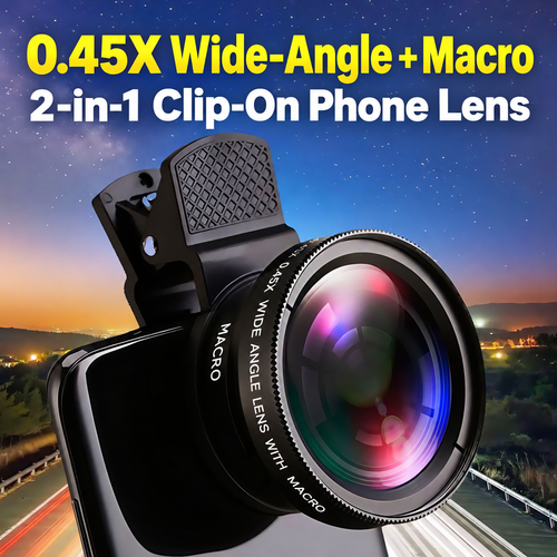 Black 0.45X Wide-Angle and Macro Clip-On Phone Lens