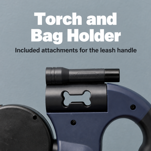 Navy Dual Retractable Dog Leash with Torch and Bag Holder