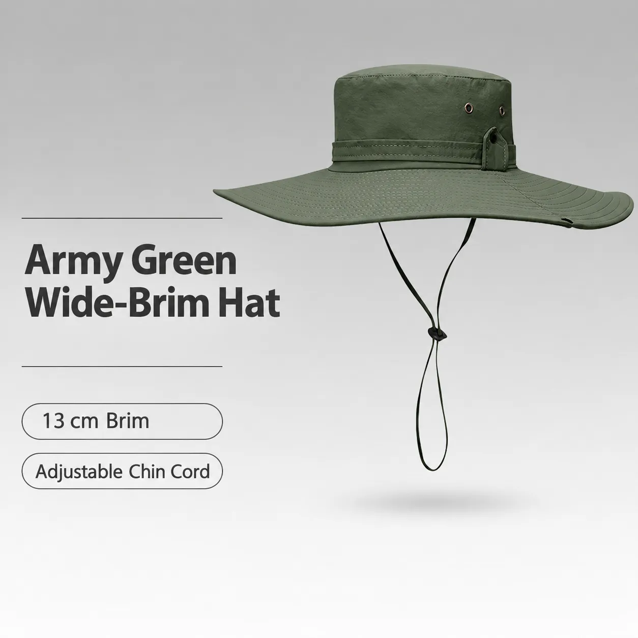Army Green Wide-Brim Outdoor Hat with Chin Cord - Visible construction details