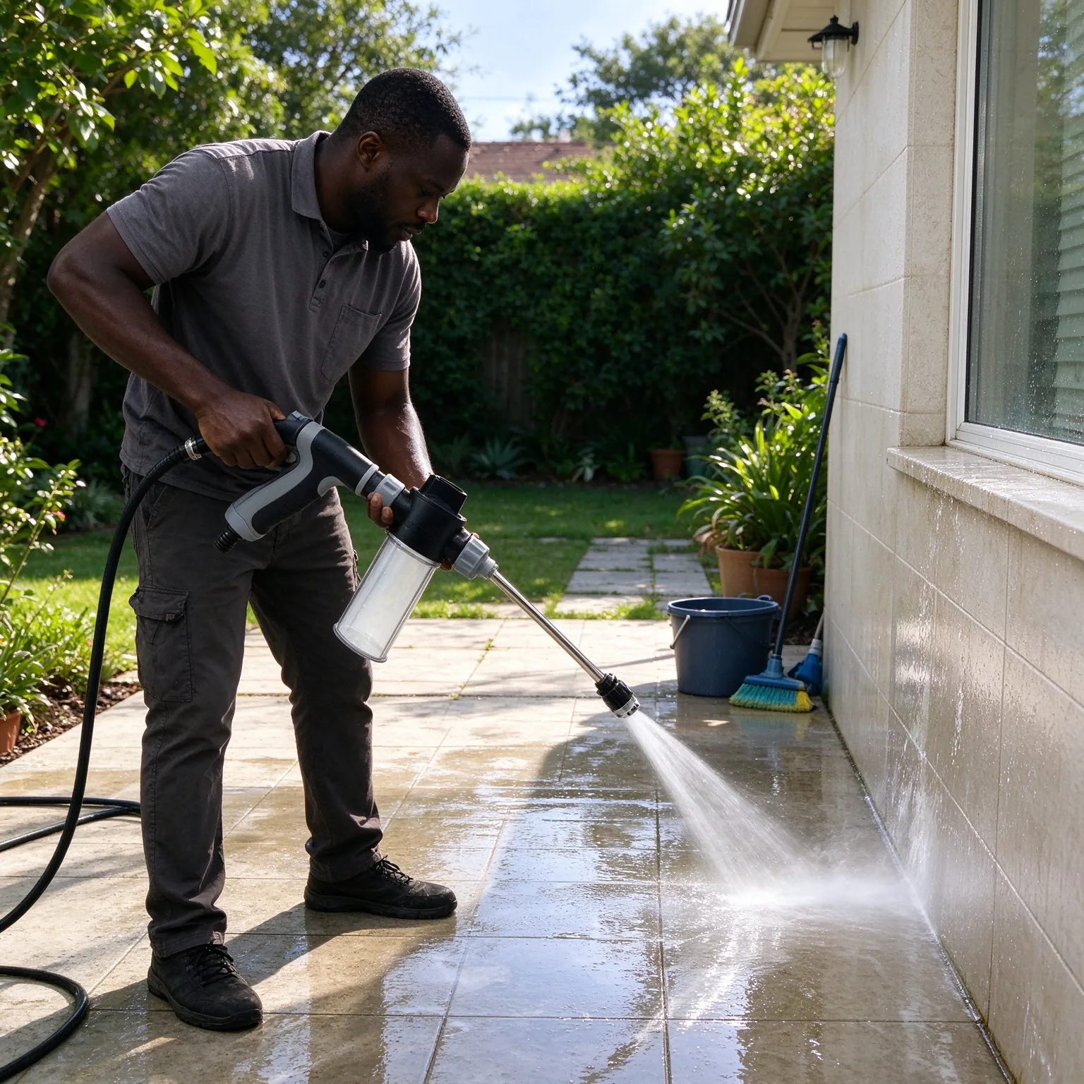 Black Long-Reach Car Wash Spray Gun with Foam Bottle - Vehicle Cleaning