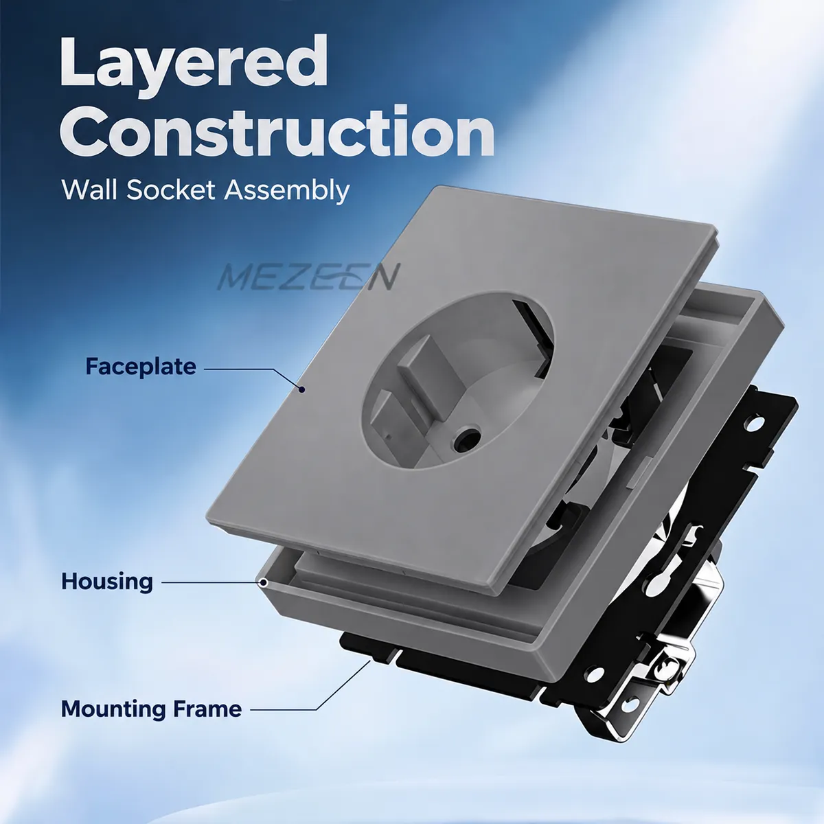 Dark Grey German-Style Recessed Wall Socket - Assembly Details