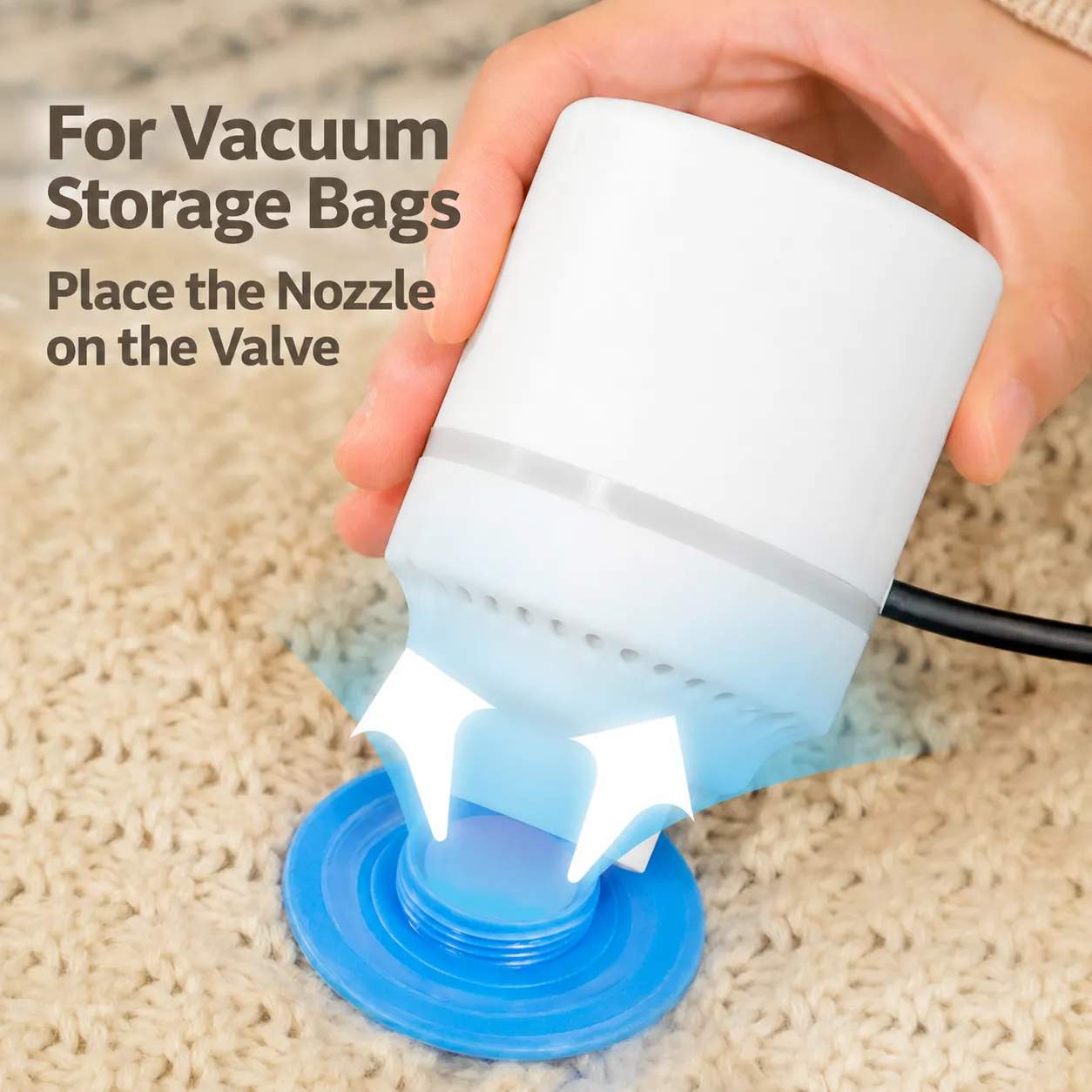 White Plug-in Electric Vacuum Pump for Storage Bags - Position over a Compatible Valve