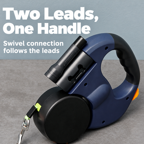 Navy Dual Retractable Dog Leash with Torch and Bag Holder