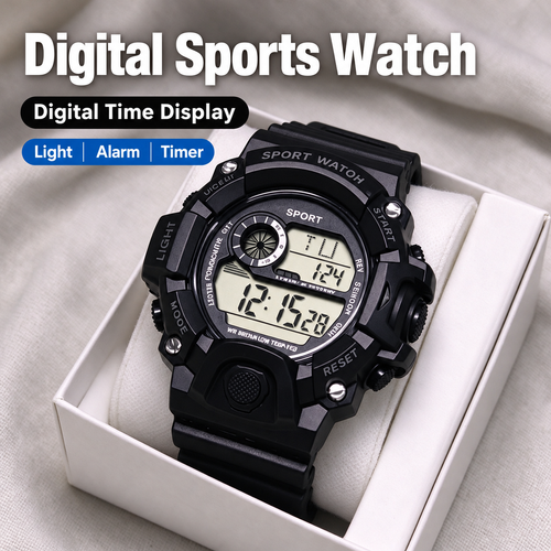 Black Digital Sports Watch with Light, Alarm and Timer