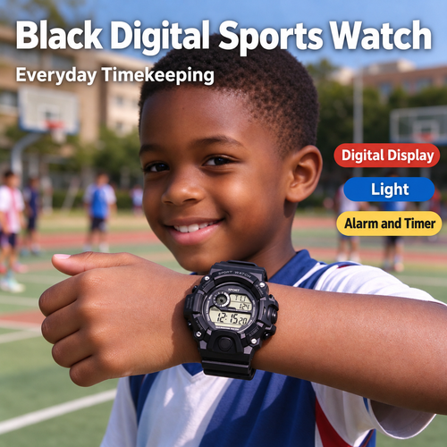 Black Digital Sports Watch with Light, Alarm and Timer