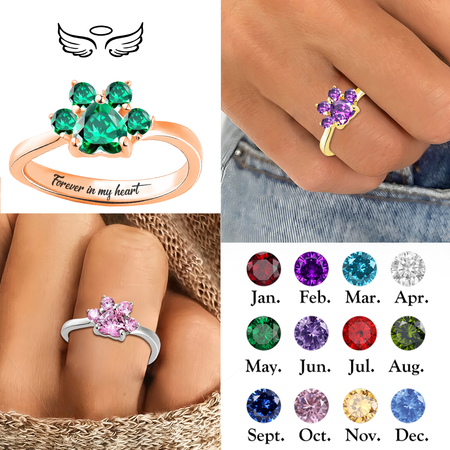 Forever in my heart, personalized birth stone ring with pet paw