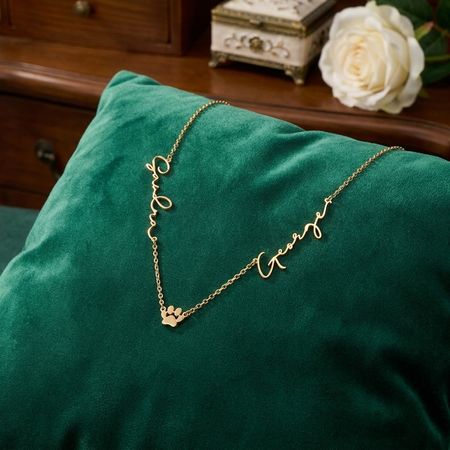 Custom necklace with two names and Pawprint Charm