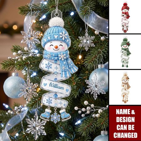 Christmas spiral snowman with personalized names of children and family members – Custom acrylic ornament