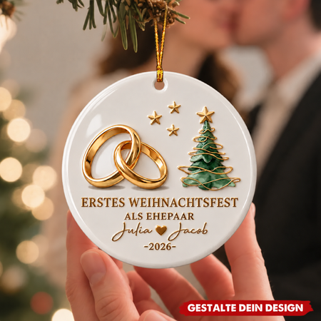 Personalized ceramic ornament for the first Christmas as a married couple – with custom names and wedding year, a gift for newlyweds.