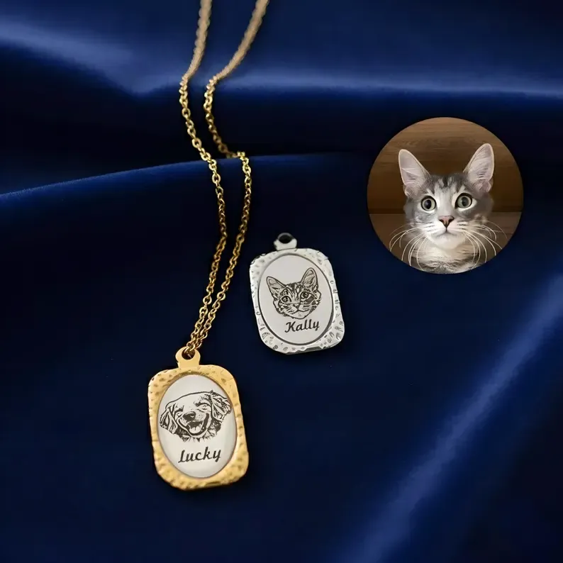 Custom Pet Portrait Necklace, Hammered Steel Pendant, Memorial Gift