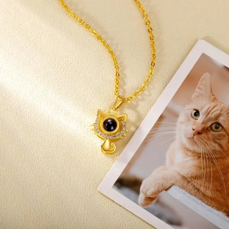 Custom Photo Projection Cat Pendant Necklace with Cubic Zirconia  Pet Memorial Jewelry  Pet Loss Sympathy Gift for Cat Mom&Dad