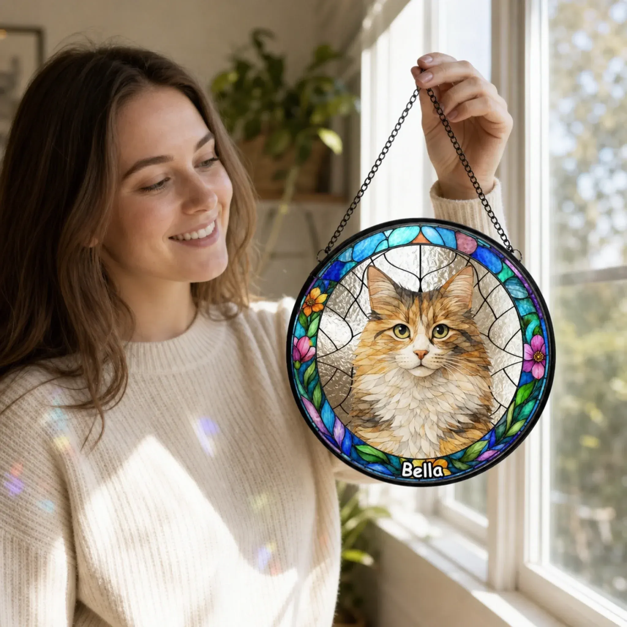 🐾 Custom Photo Stained Glass Window Hanging Suncatcher – Personalised Pet Portrait Gift