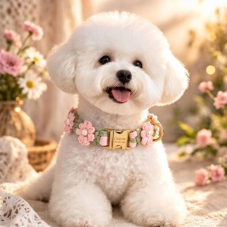 🌸 Personalized Knitted Flower Pet Collar with Name & Phone Number