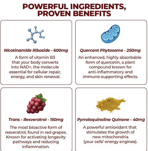 This product helps support NAD+ levels, promotes cell health, DNA repair and metabolism, and helps maintain brain function and youthful skin.
