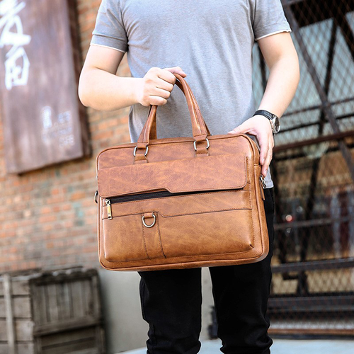 Vintage Leather Messenger Bag for Men Large PU Leather Laptop Briefcase Satchel Polyester Zipper Waterproof School Work Bag