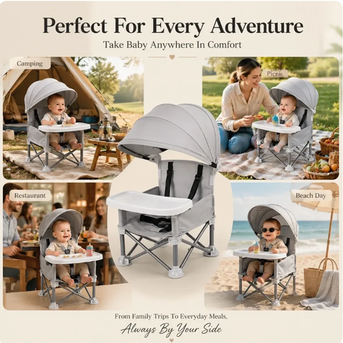 ✨ No more bulky high chairs or messy mealtimes on the go!  The Portable Foldable Baby High Chair sets up in seconds and folds just as quickly, giving your little one a safe, comfortable place to eat wherever you are.  👶 One-Click Folding Design 🛡 Secure 5-Point Safety Harness 🎒 FREE Travel Storage Bag 💦 Easy-to-Clean Removable Tray & Seat Cover 🏕 Perfect for Travel, Camping, Restaurants & Family Visits  Because every adventure is better when mealtime is this easy. 💛