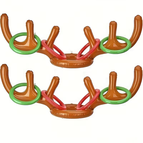 This inflatable reindeer antler ring toss game comes with a reindeer antler hat for throwing rings and includes a Christmas tree and two Santa Claus canes. It's perfect for Christmas, parties, family gatherings, birthdays, weddings, Halloween, and other occasions.