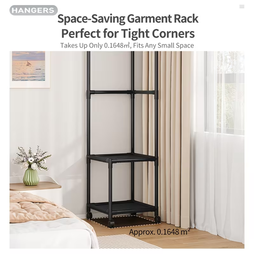 Portable Corner Space  Saving Garment Rack with Wheels   Freestanding Heavy  Duty Clothes, Sturdy Metal Frame Wardrobe Organizer Suitable for Bedroom, Cloakroom, Living Room  Assembly, Black  Modern Corner Clothes Rack