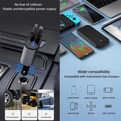 Retractable Car Charger with Starlight, 66W Starlight in Car roof 4 in 1 Retractable Car Phone Charger Adapter, Fast Charging USB C Cable, Compatible with iPhone