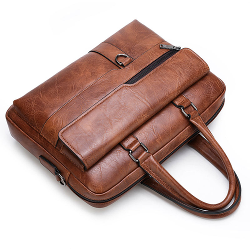 Vintage Leather Messenger Bag for Men Large PU Leather Laptop Briefcase Satchel Polyester Zipper Waterproof School Work Bag