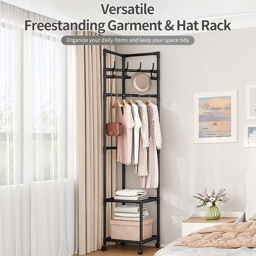 Portable Corner Space  Saving Garment Rack with Wheels   Freestanding Heavy  Duty Clothes, Sturdy Metal Frame Wardrobe Organizer Suitable for Bedroom, Cloakroom, Living Room  Assembly, Black  Modern Corner Clothes Rack